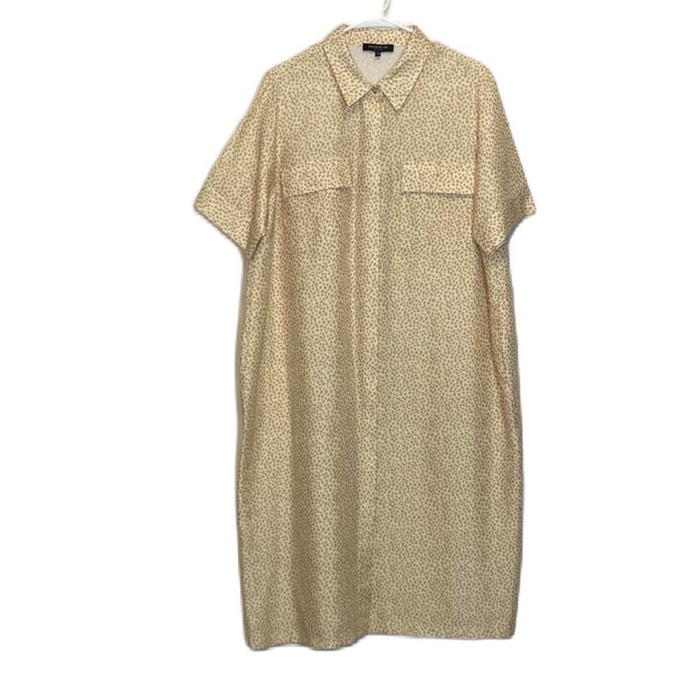 Lafayette 148 Tan Silk Doha Mini Jaguar Print Midi Shirt Button Down Dress  1X